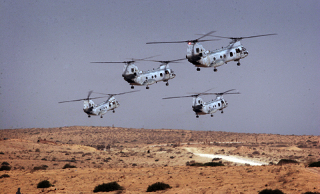 The Norman Hatch Combat Photography Award Honorable Mention - Cpl. Aaron J. Rock: MIDDLE EAST (Oct. 28, 2008) – Marine CH-46E Sea Knight helicopters from Marine Medium Helicopter Squadron-264 (Rein) bring Fox Co., Battalion Landing Team 2/6, to the fight Oct. 28, 2008. HMM-264 and BLT 2/6 are the Aviation and Ground Combat Elements of the 26th Marine Expeditionary Unit. The 26th MEU is conducting the bilateral training exercise to strengthen cooperation with regional partners.